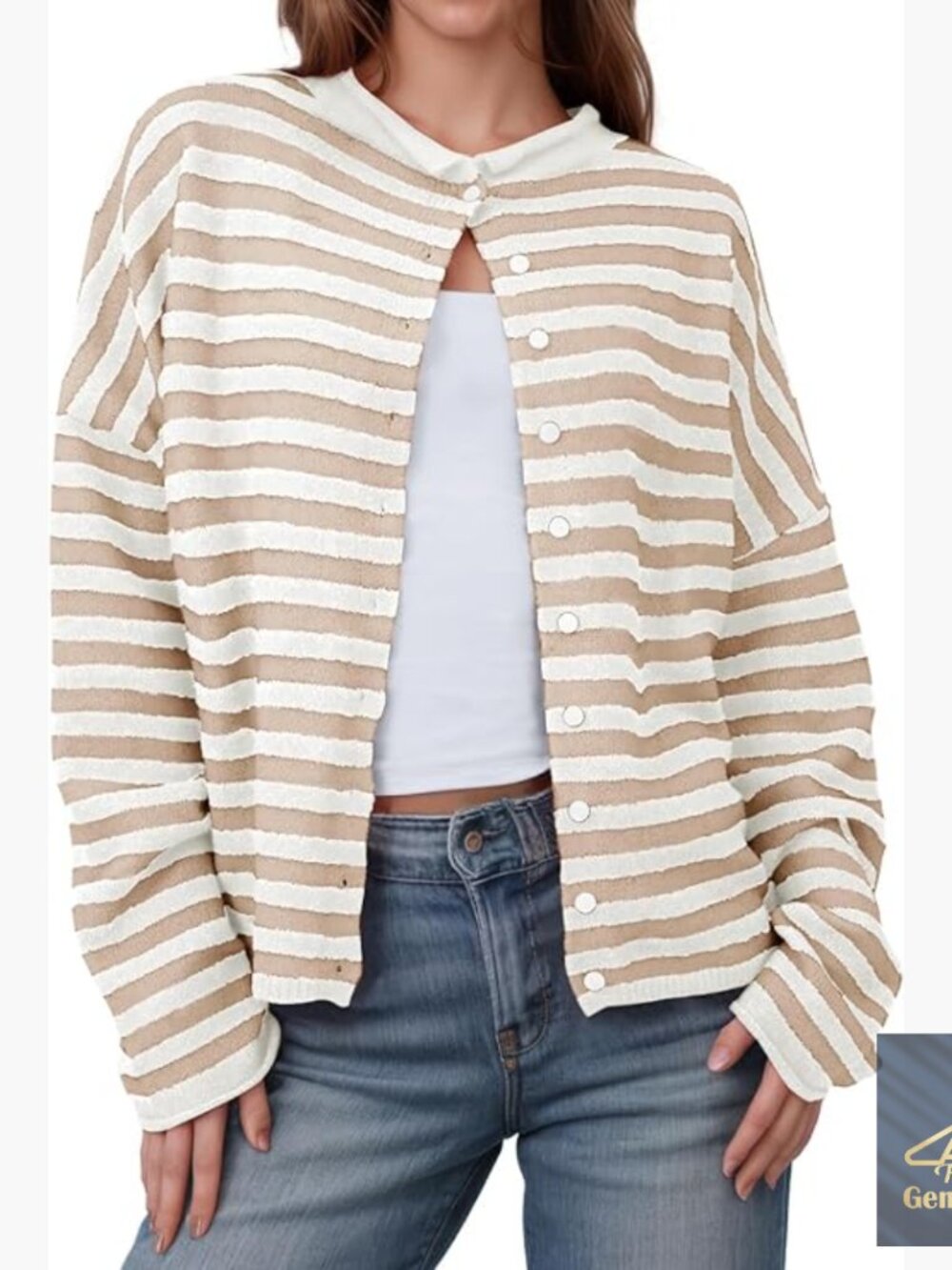 Lightweight Striped Cardigan Long Sleeve Open Front Button Down Loose Fit